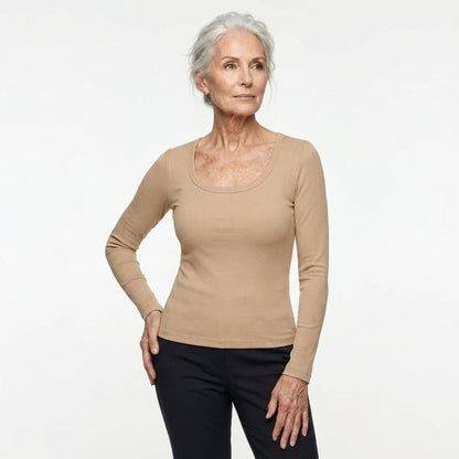 Maggie's ribbed long-sleeve top with built-in bra in khaki